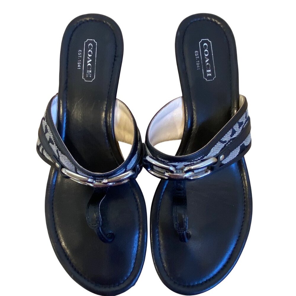 Coach Virginia Black & Silver Wedge Sandals With Logo Detail & Mesh Straps monog